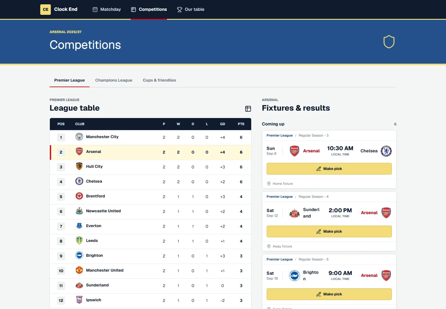 Clock End competitions view with the Premier League table and Arsenal fixtures