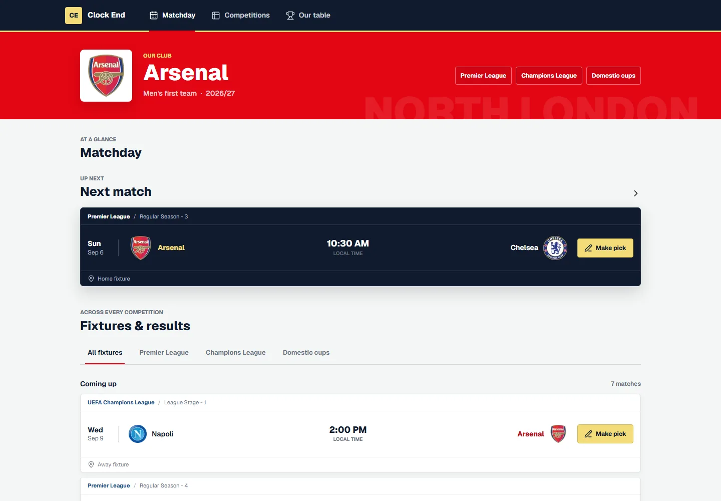 Clock End Arsenal dashboard showing the next match and upcoming fixtures