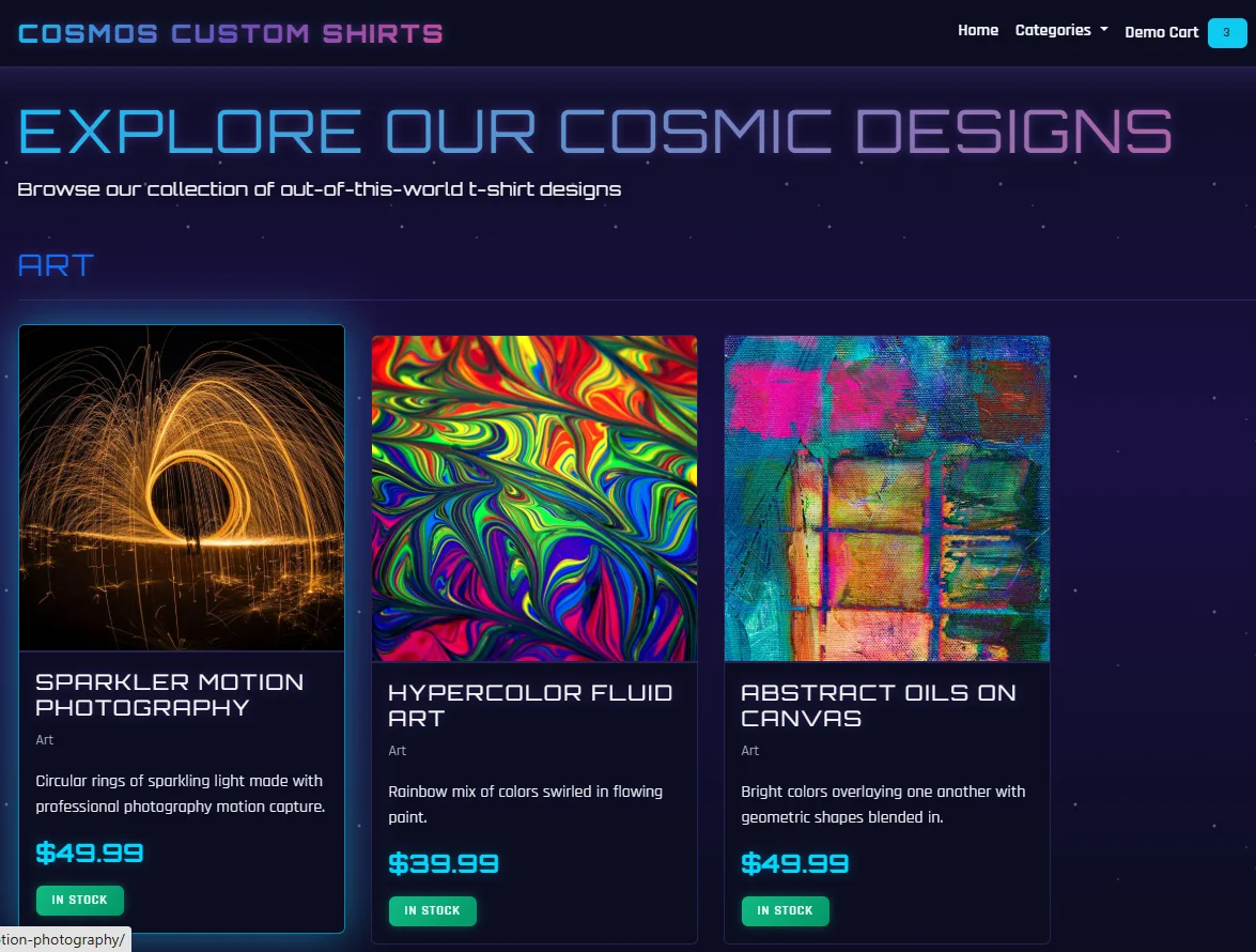 Cosmos Custom Shirts catalog homepage with colorful shirt designs organized by category
