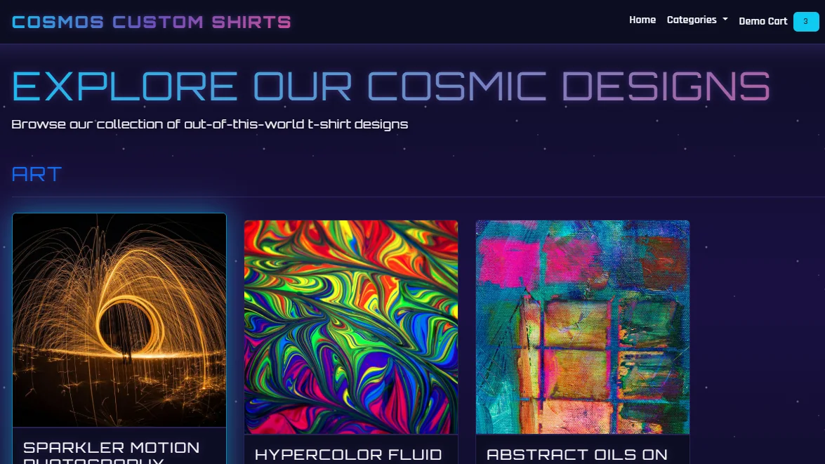 Cosmos Custom Shirts product catalog displaying three colorful configurable designs