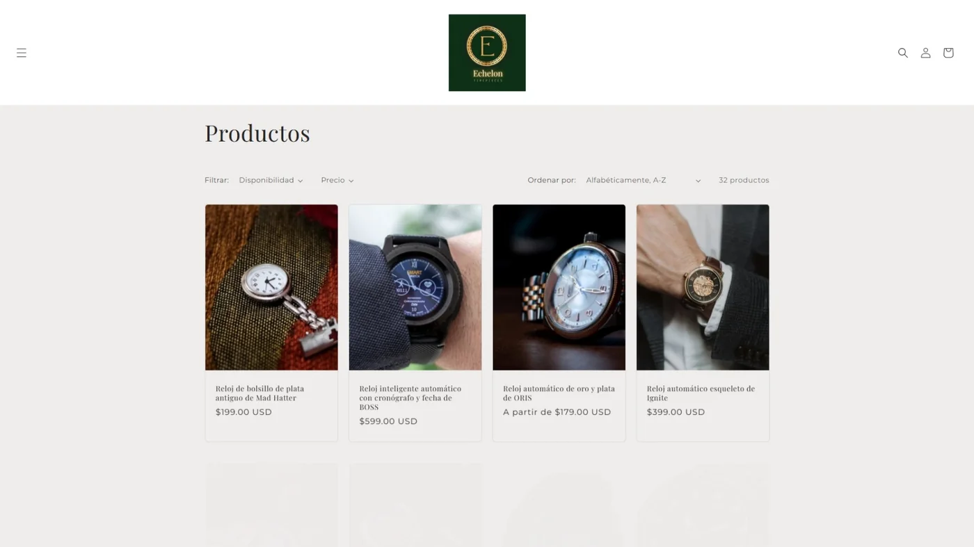Echelon Shopify catalog displayed in Spanish with filters, sorting, and four product cards
