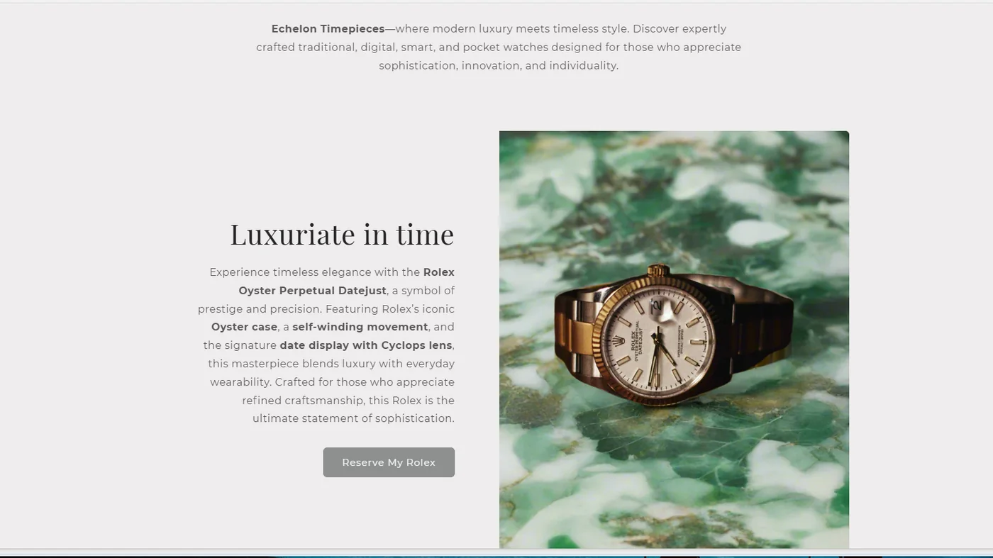 Echelon editorial product feature pairing luxury watch copy with theme-aligned imagery