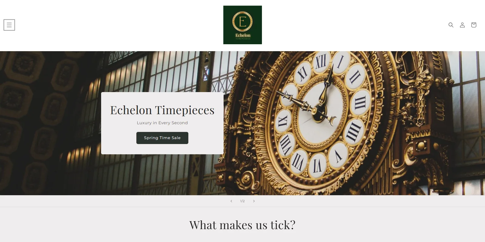 Echelon Timepieces storefront homepage with an ornate station clock and premium neutral styling