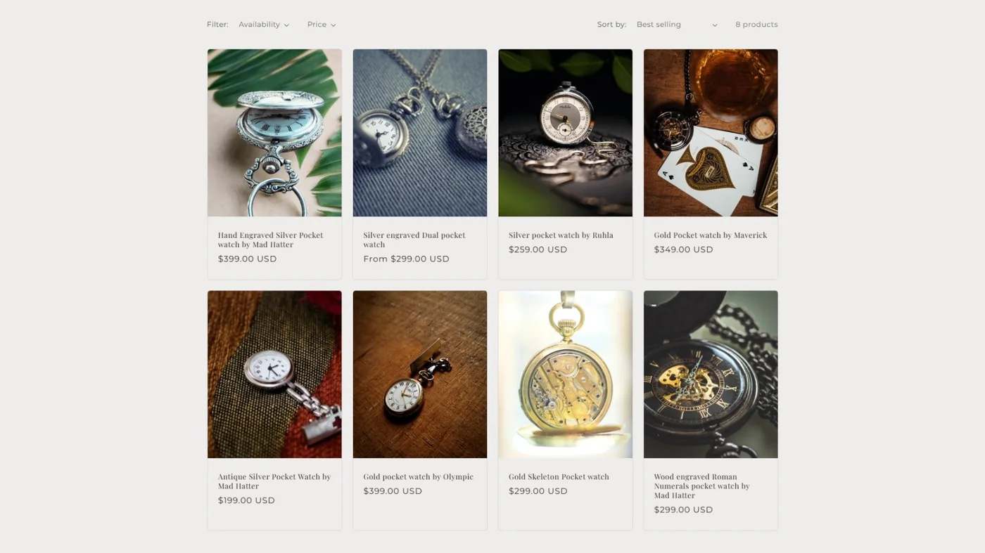 Echelon pocket-watch collection showing eight consistently presented products