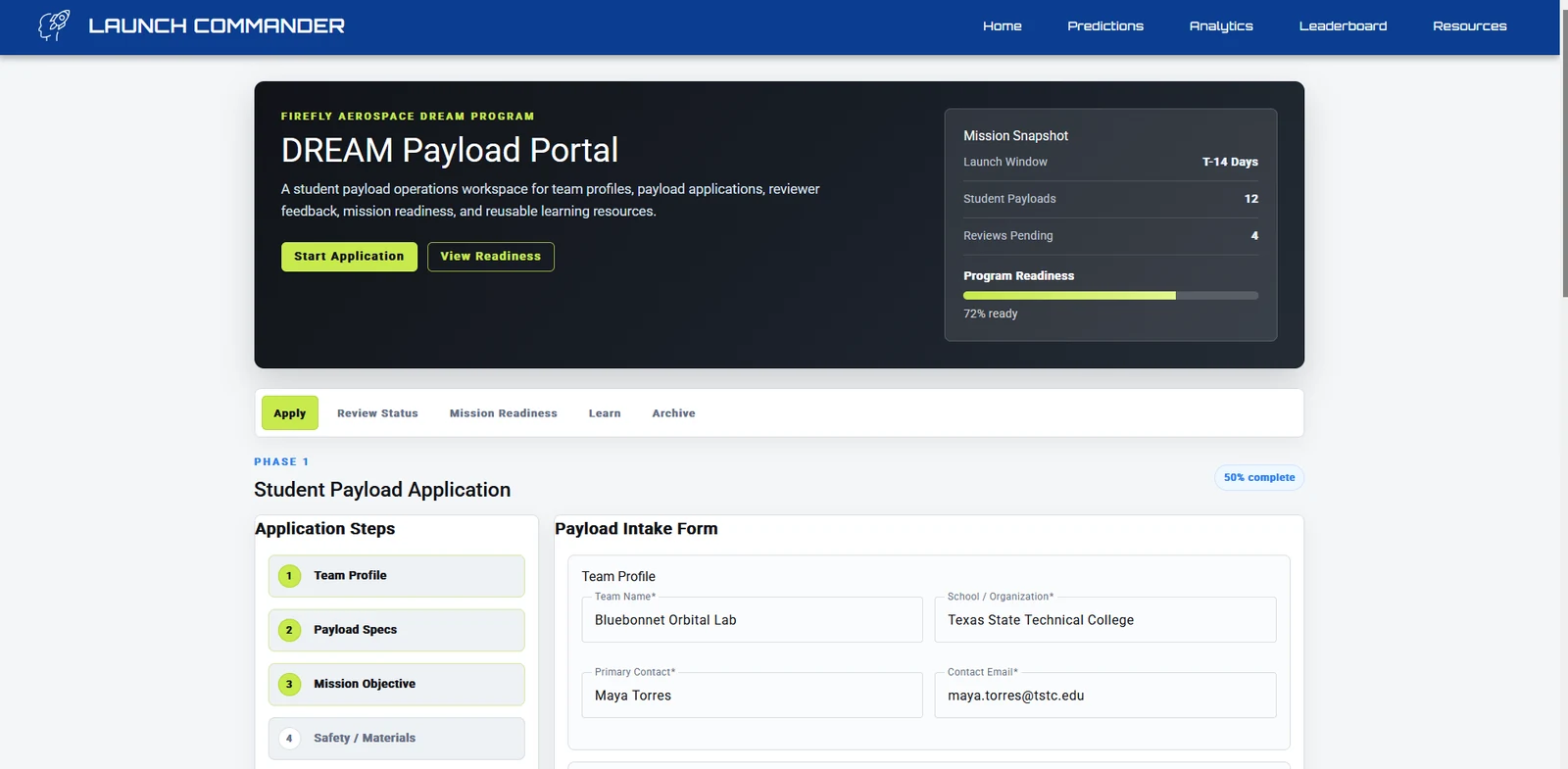 DREAM Payload Portal student application workflow with team profile and payload intake steps