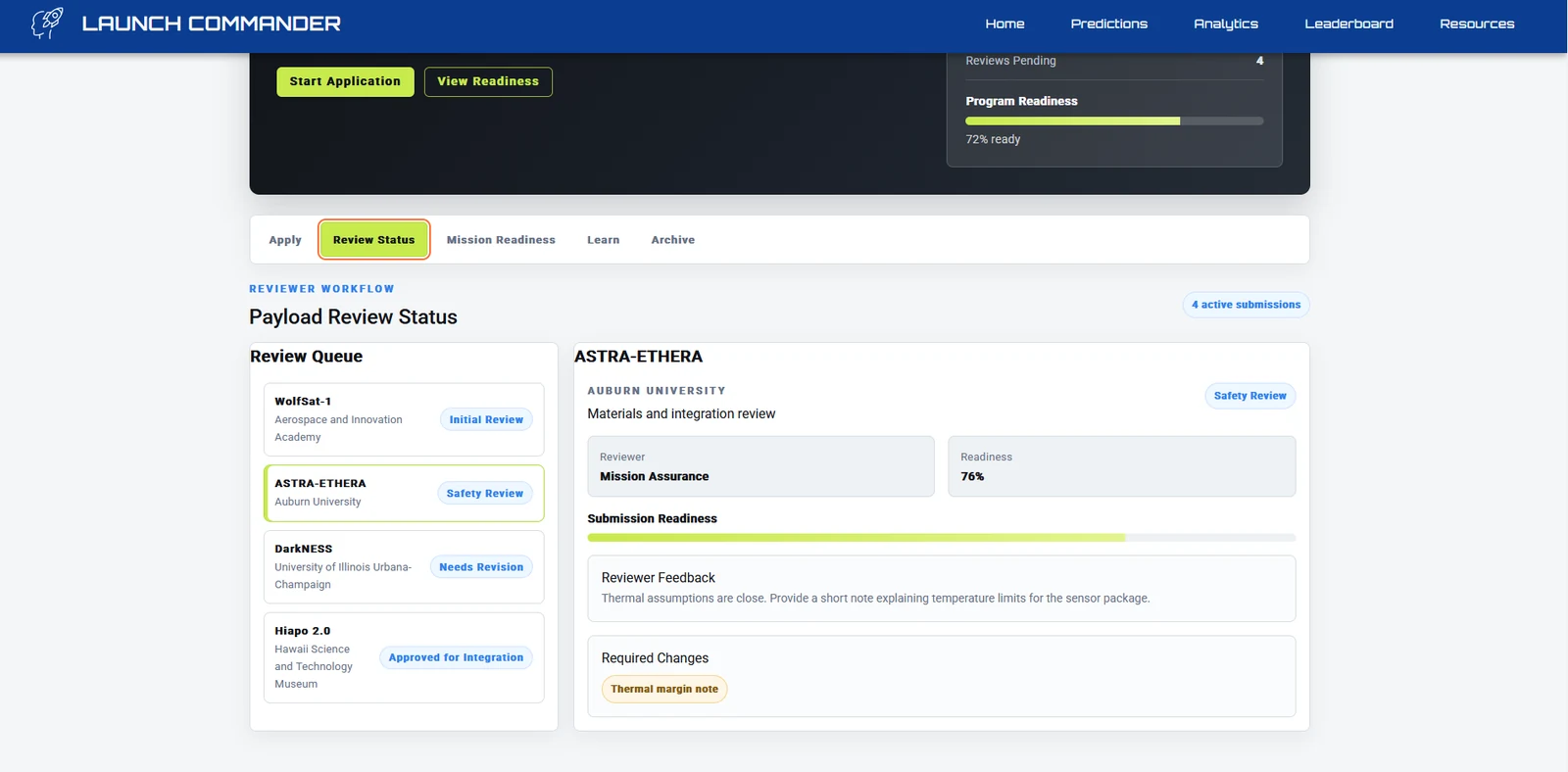 DREAM Payload Portal review queue with submission readiness and reviewer feedback