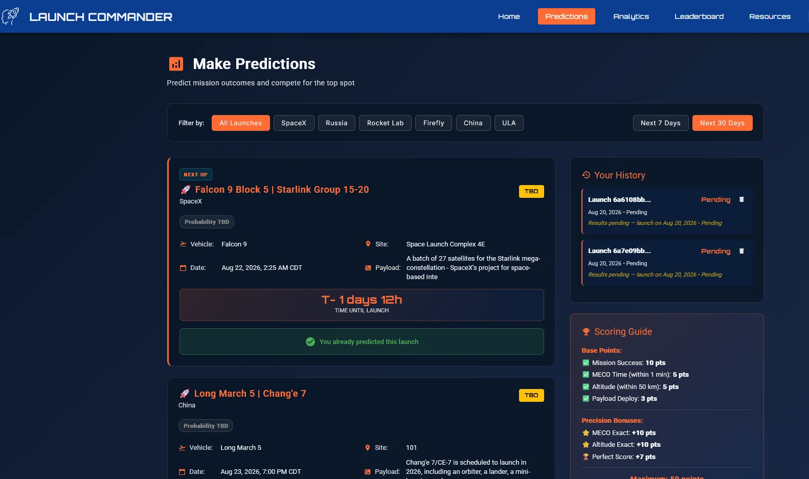 Launch Commander predictions page with launch filters, mission cards, user history, and scoring guide
