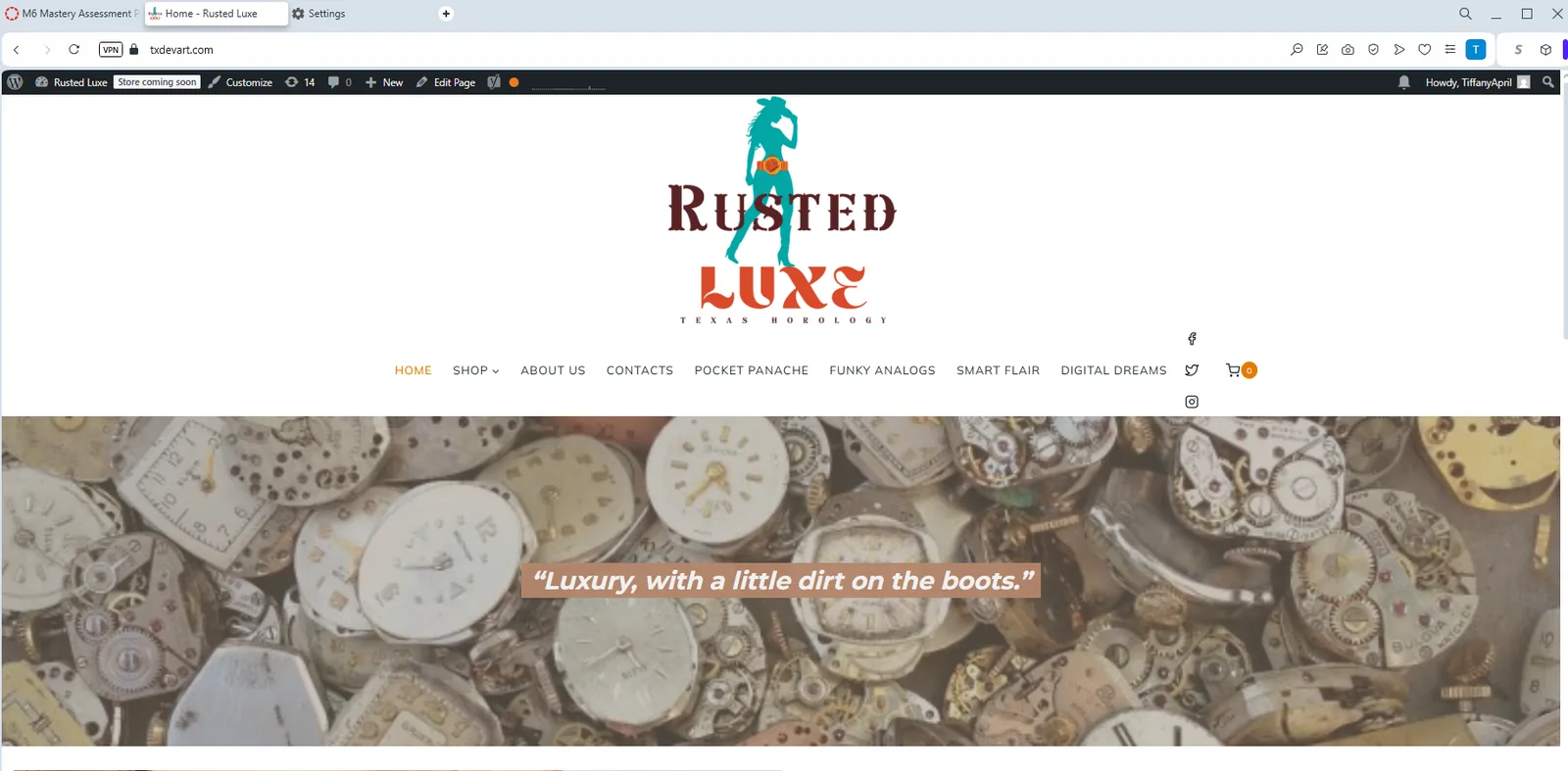 Rusted Luxe storefront homepage with western-inspired branding and vintage watch imagery