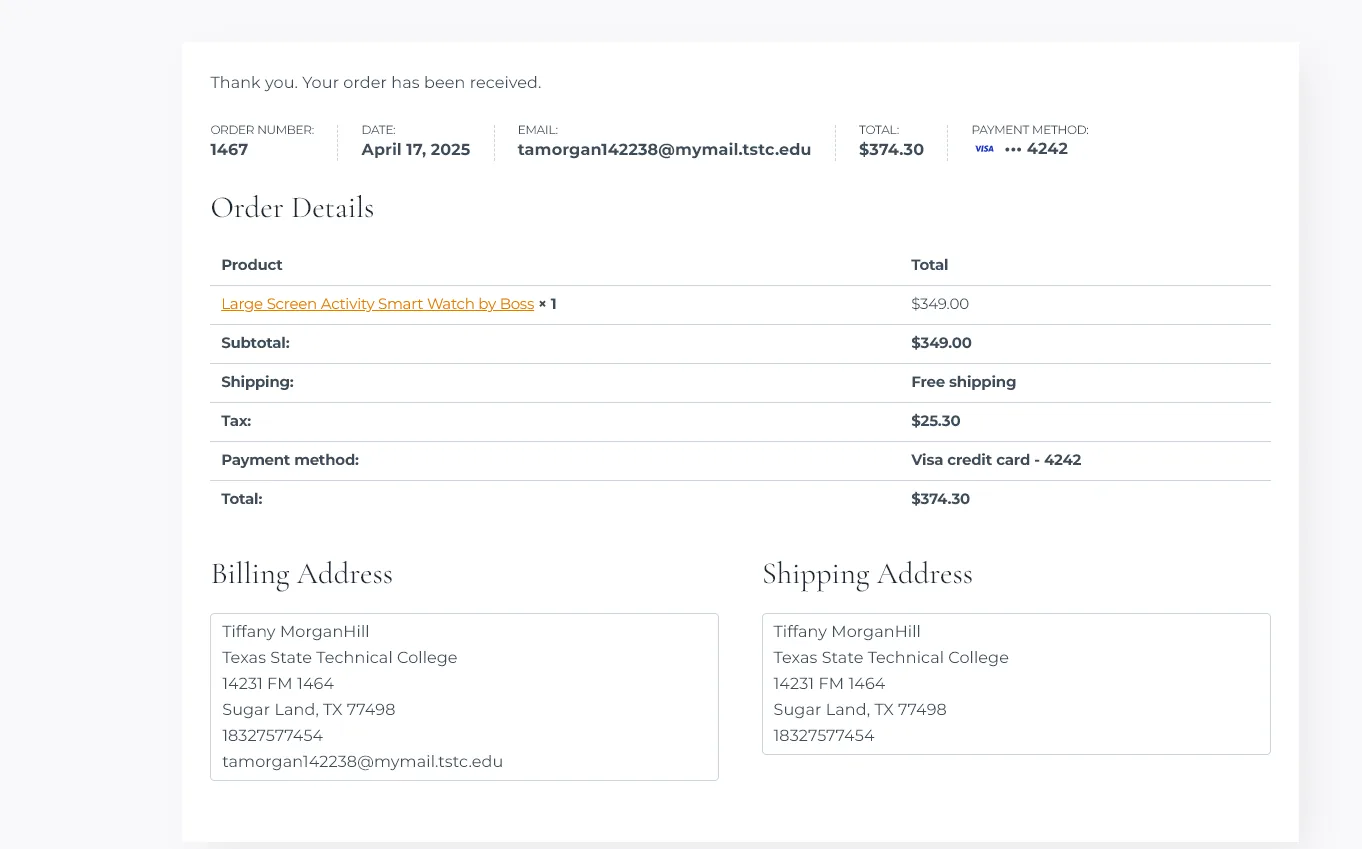 WooCommerce order details for a Rusted Luxe test order