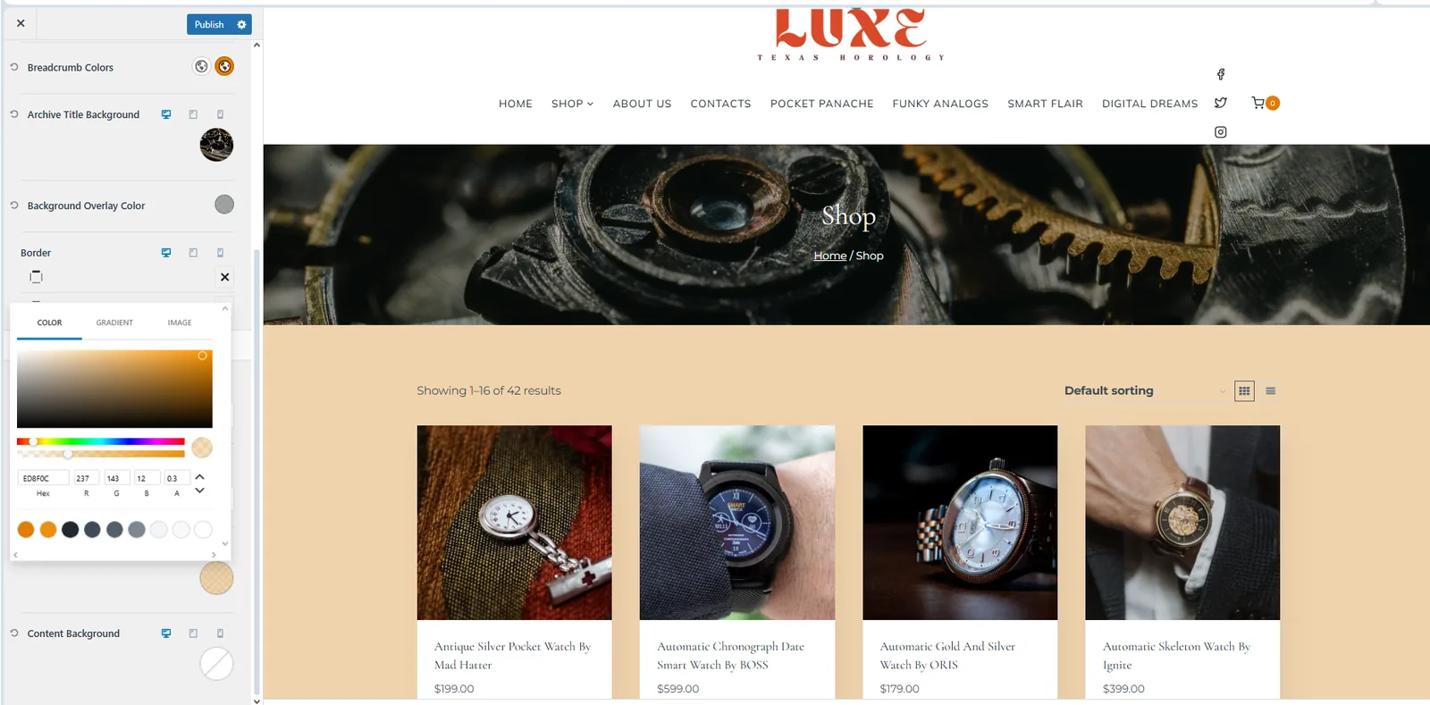 Rusted Luxe WooCommerce shop page displaying the product catalog